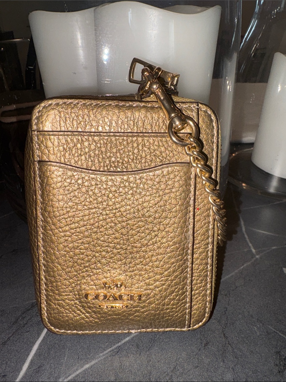 Coach Metallic Gold Pebbled Leather Card Case with Chain - Picture 2 of 7
